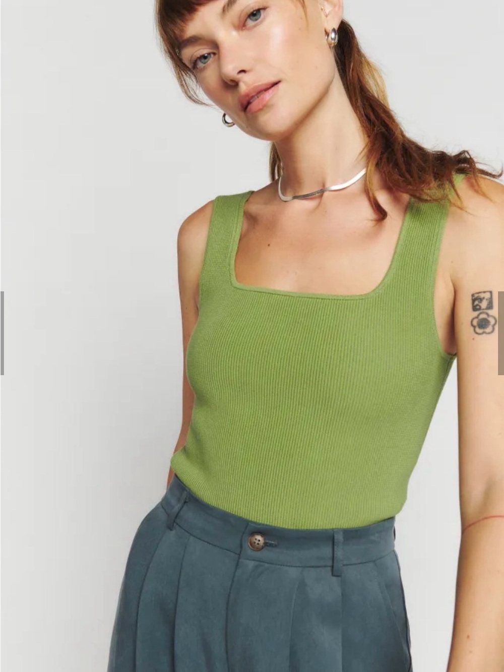 Reformation Julia Square Neck Ribbed Tank- color Avocado